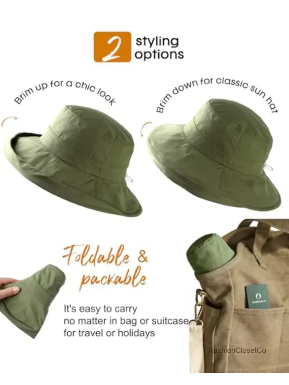 Wide Brim Ponytail Sun Hat UPF 80+ Cotton Foldable Bucket Hat